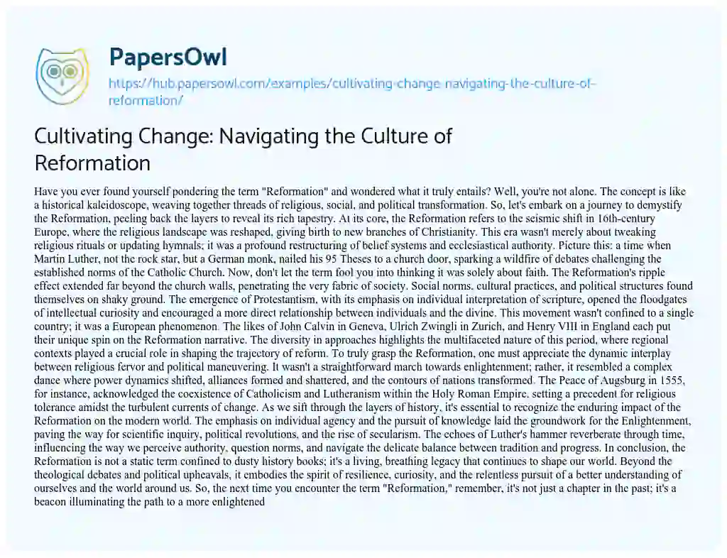 Essay on Cultivating Change: Navigating the Culture of Reformation