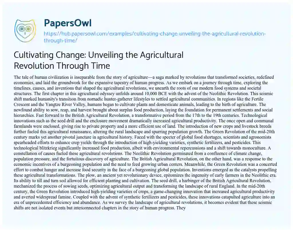 Essay on Cultivating Change: Unveiling the Agricultural Revolution Through Time