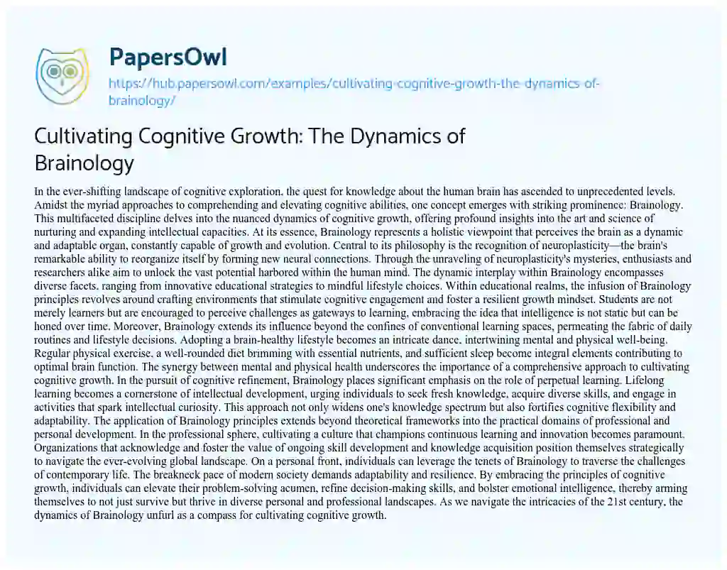 Essay on Cultivating Cognitive Growth: The Dynamics of Brainology