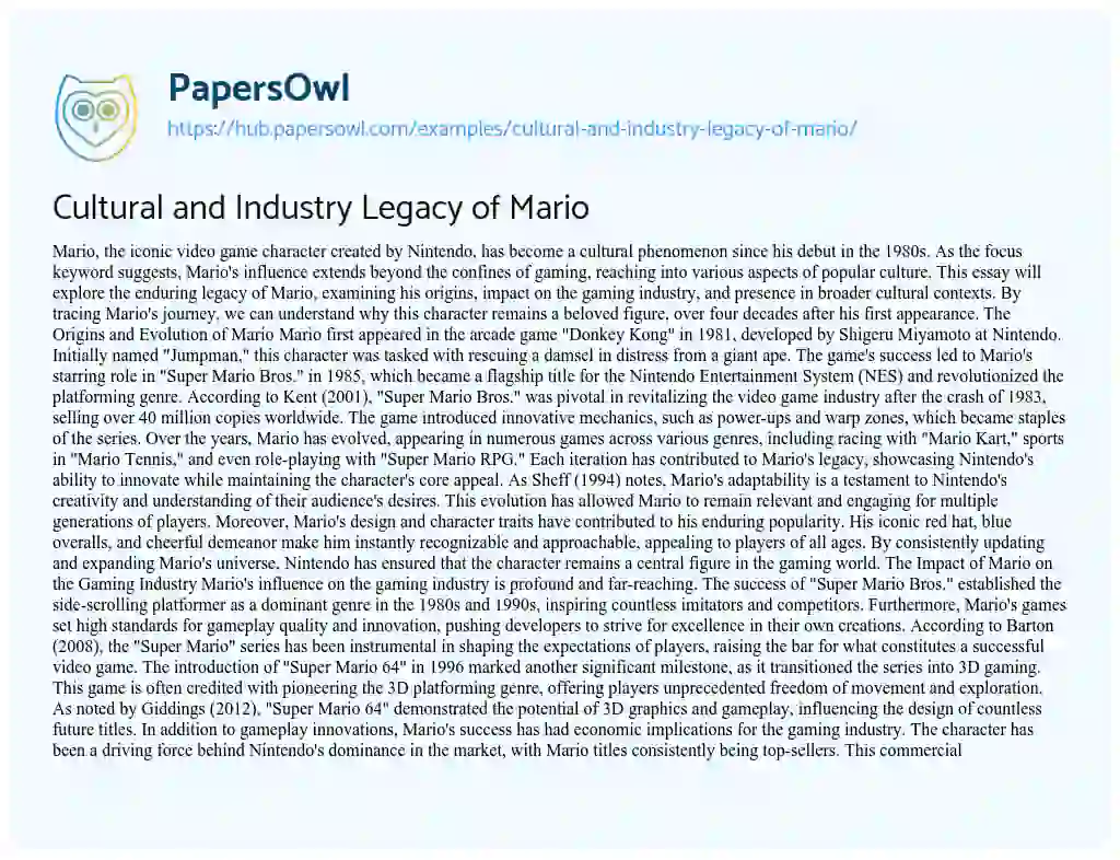 Essay on Cultural and Industry Legacy of Mario