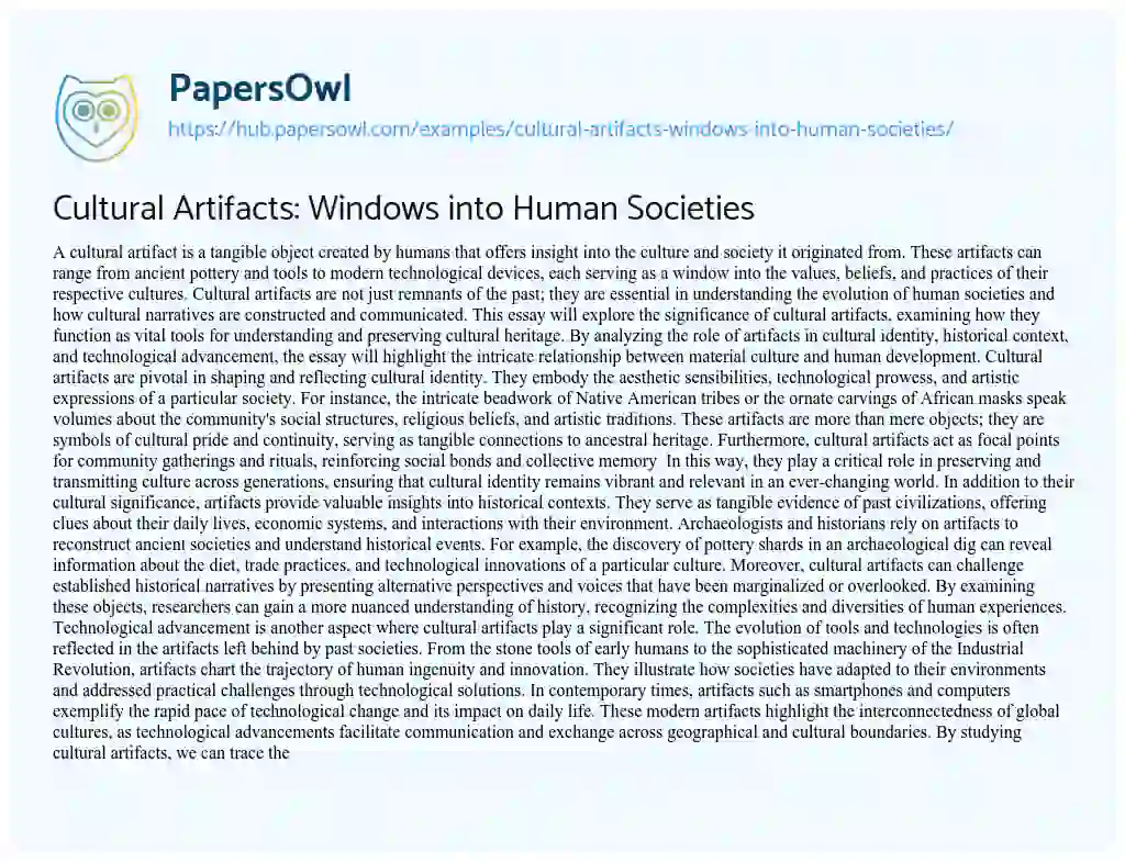 Essay on Cultural Artifacts: Windows into Human Societies