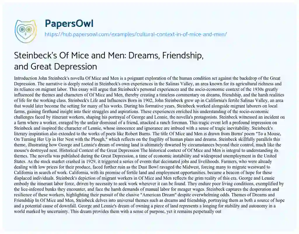 Essay on Steinbeck’s Of Mice and Men: Dreams, Friendship, and Great Depression