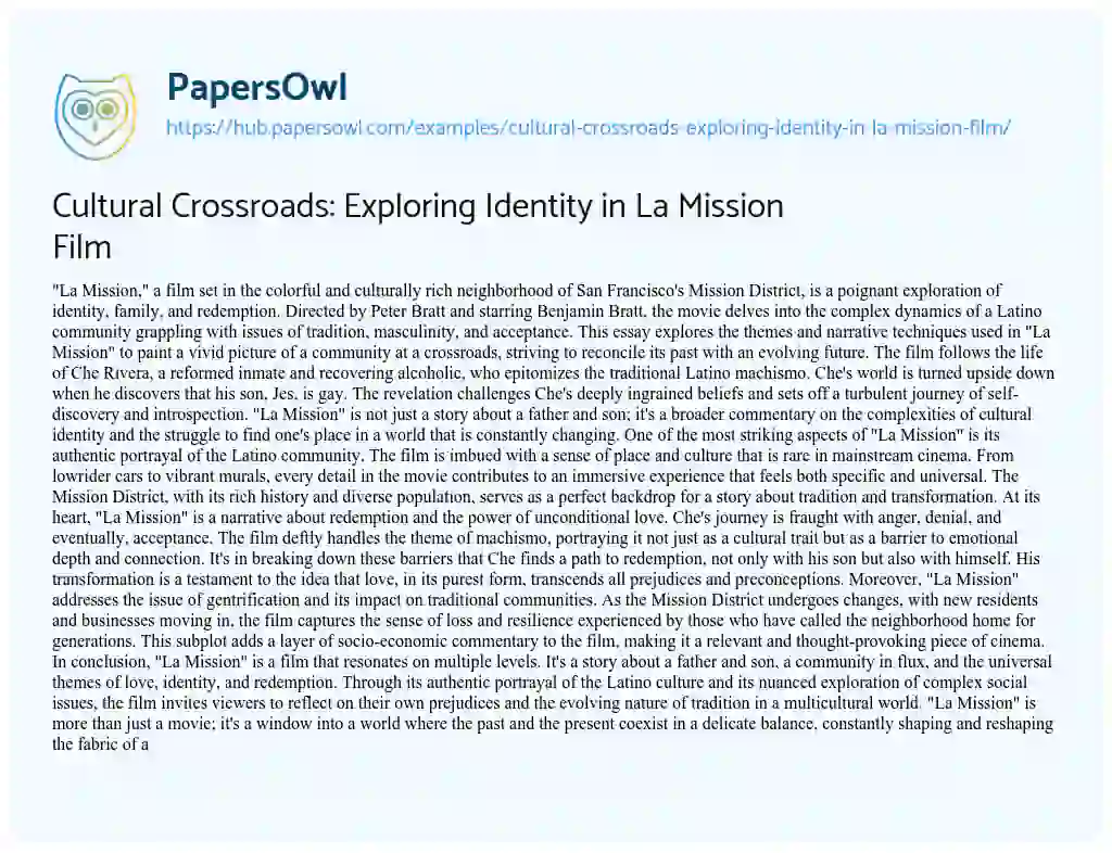 Essay on Cultural Crossroads: Exploring Identity in La Mission Film