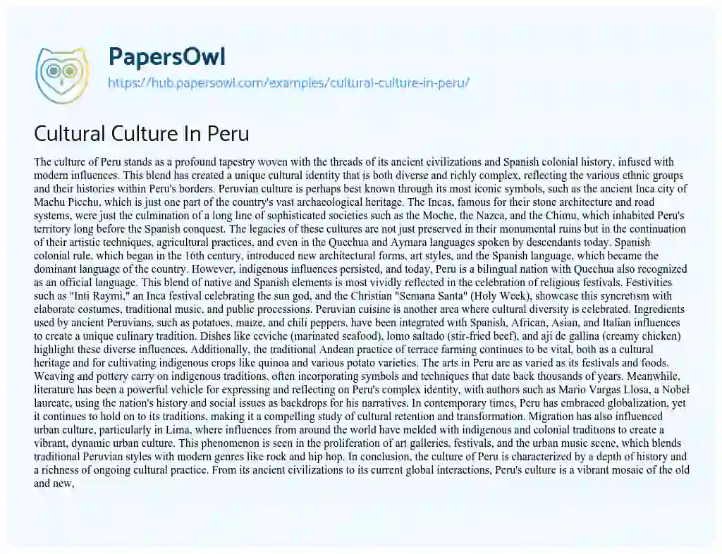 Essay on Cultural Culture In Peru