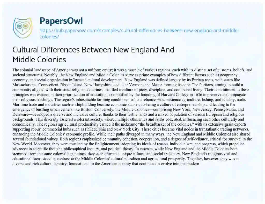 Essay on Cultural Differences Between New England And Middle Colonies
