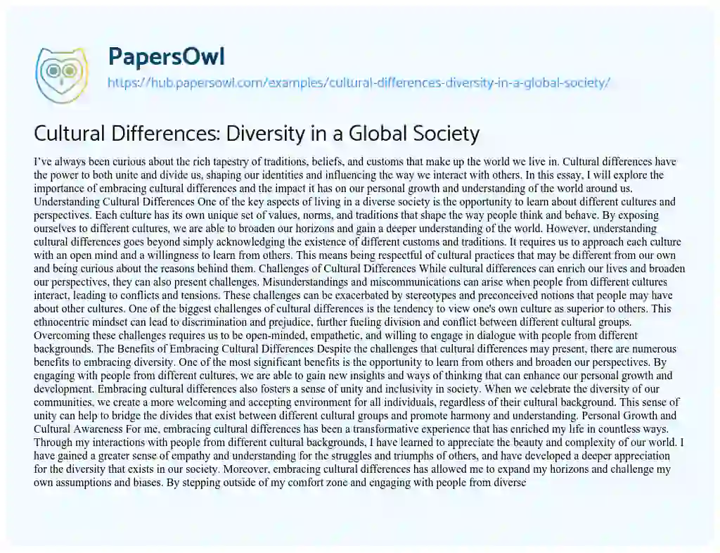 Essay on Cultural Differences: Diversity in a Global Society
