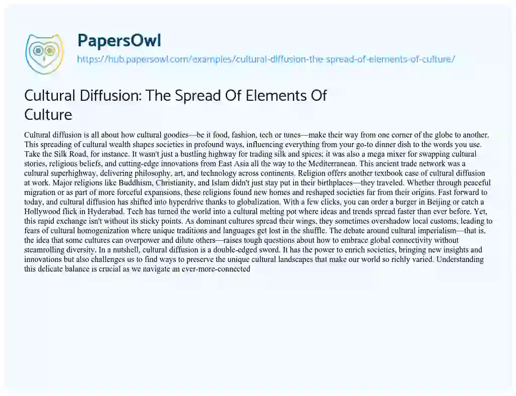 Essay on Cultural Diffusion: The Spread Of Elements Of Culture
