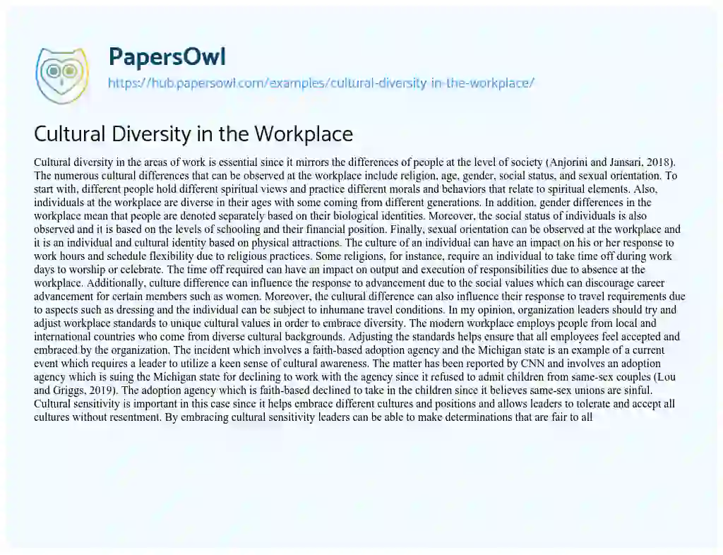 Essay on Cultural Diversity in the Workplace
