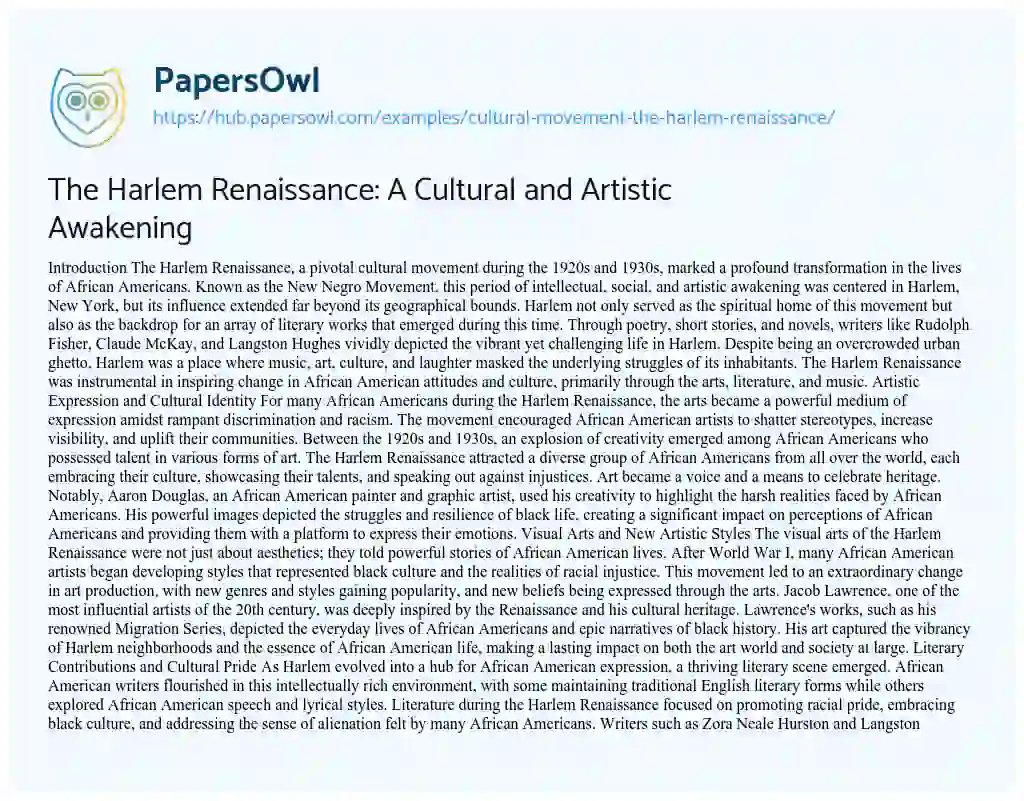 Essay on The Harlem Renaissance: A Cultural and Artistic Awakening