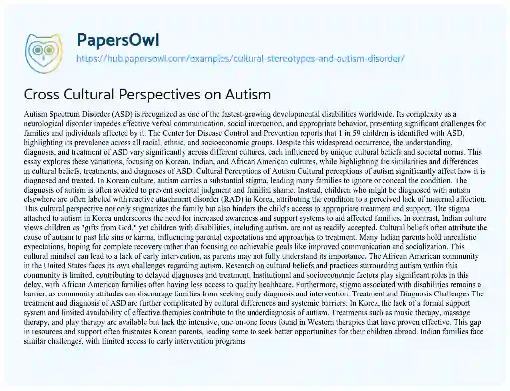 Essay on Cross Cultural Perspectives on Autism
