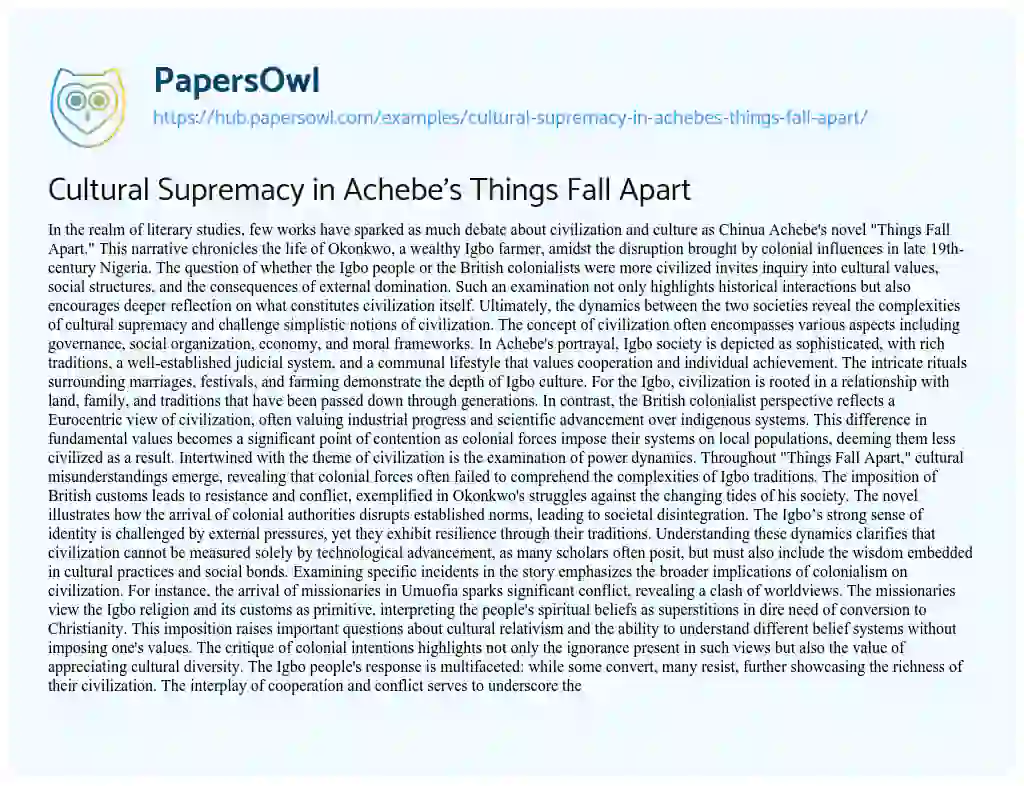 Essay on Cultural Supremacy in Achebe’s Things Fall Apart