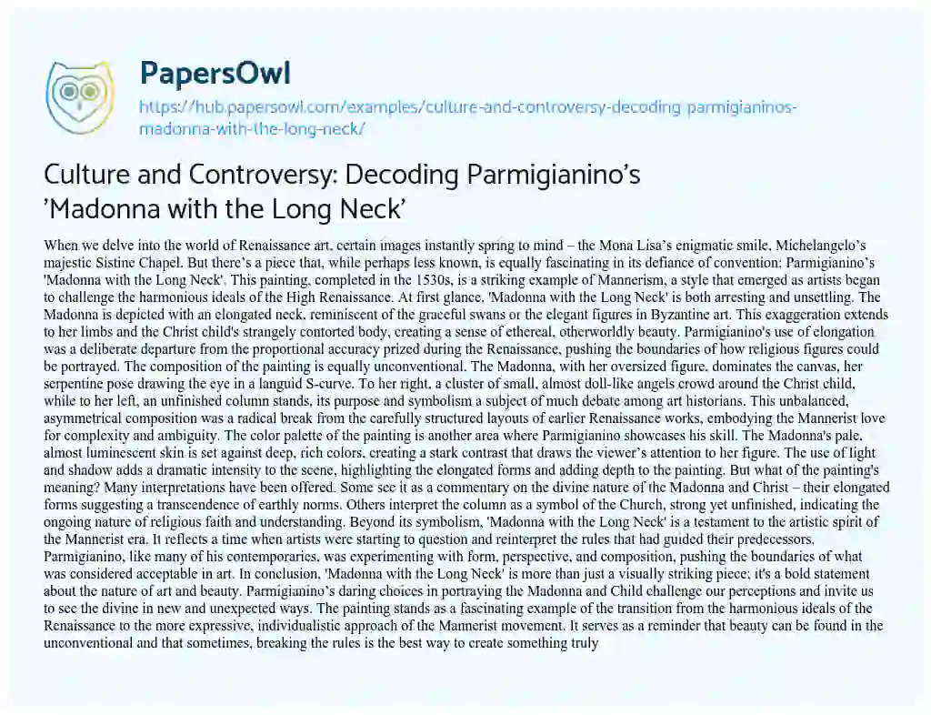 Essay on Culture and Controversy: Decoding Parmigianino’s ‘Madonna with the Long Neck’