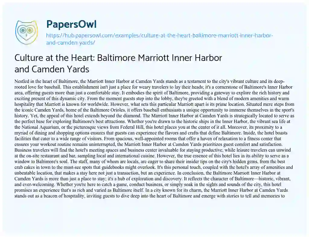 Essay on Culture at the Heart: Baltimore Marriott Inner Harbor and Camden Yards