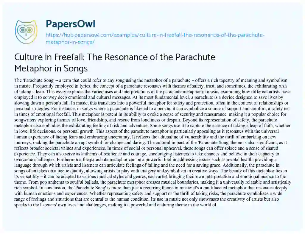 Essay on Culture in Freefall: The Resonance of the Parachute Metaphor in Songs