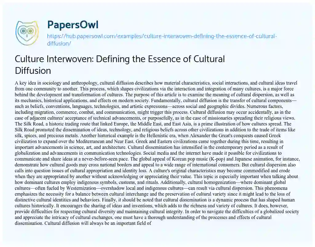 Essay on Culture Interwoven: Defining the Essence of Cultural Diffusion