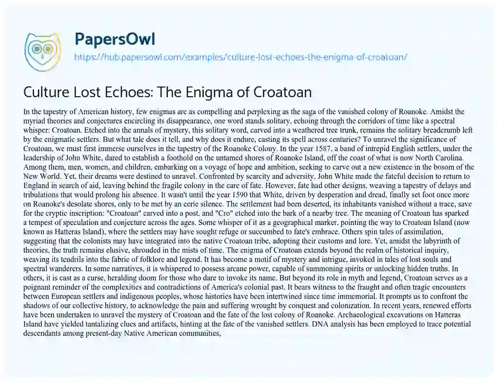 Essay on Culture Lost Echoes: The Enigma of Croatoan