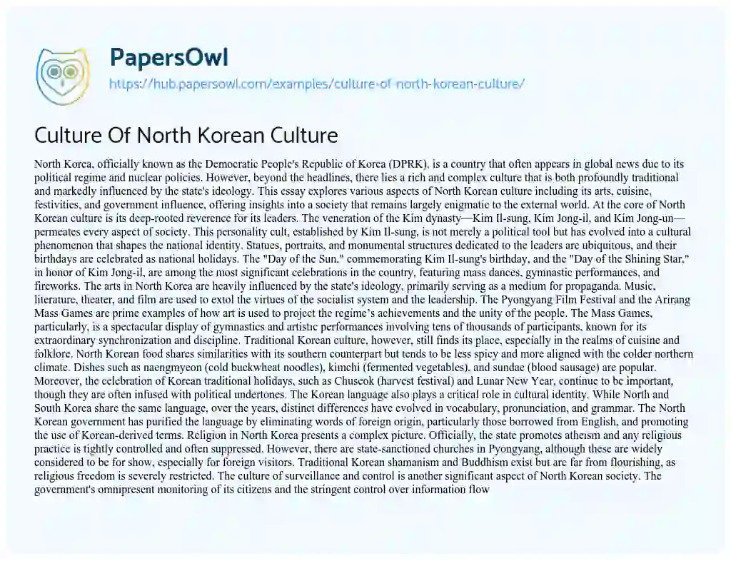 Essay on Culture Of North Korean Culture