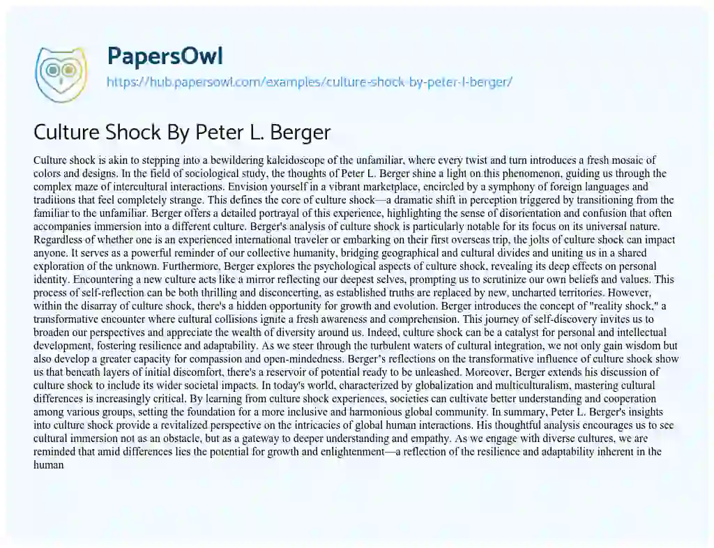 Essay on Culture Shock By Peter L. Berger