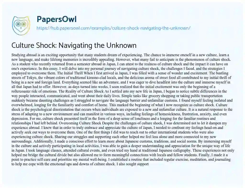 Essay on Culture Shock: Navigating the Unknown