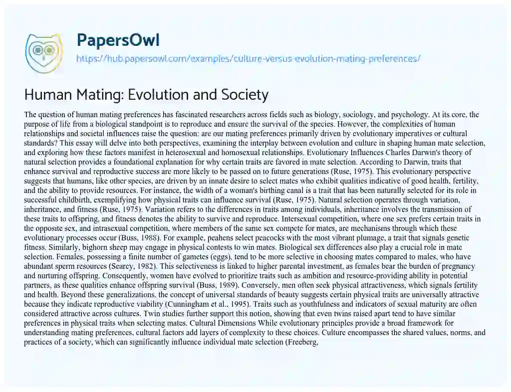 Essay on Human Mating: Evolution and Society