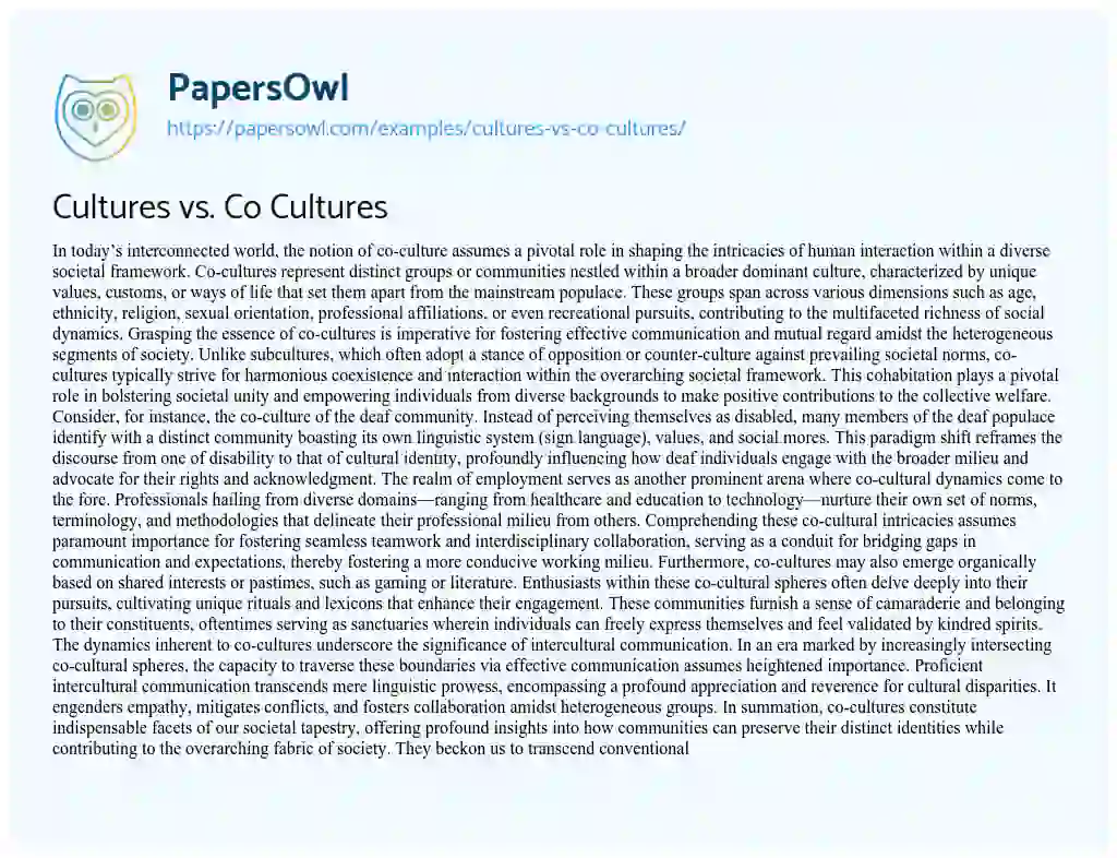 Essay on Cultures vs. Co Cultures