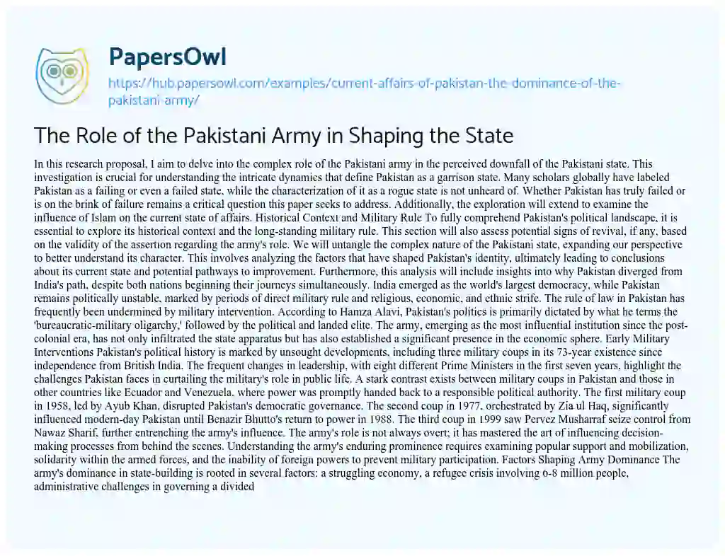 Essay on The Role of the Pakistani Army in Shaping the State