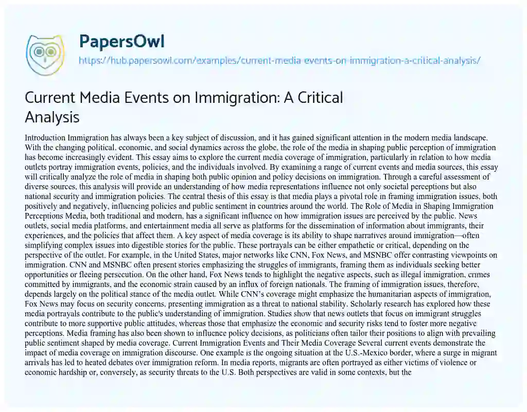 Essay on Current Media Events on Immigration: A Critical Analysis