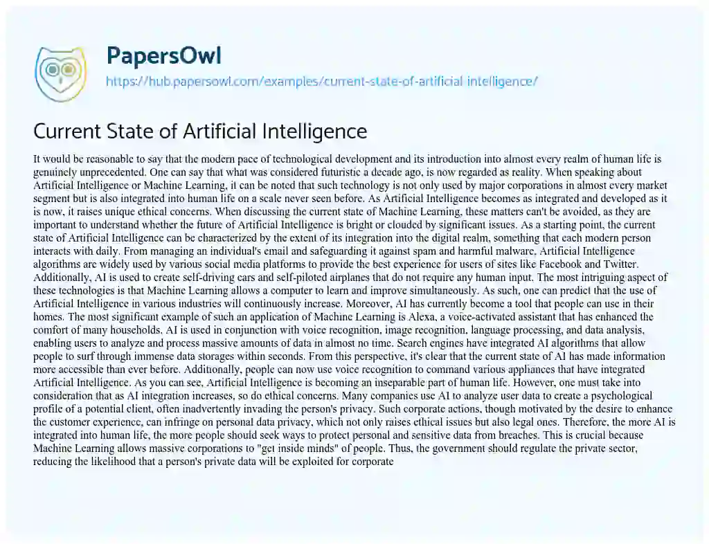 Essay on Current State of Artificial Intelligence