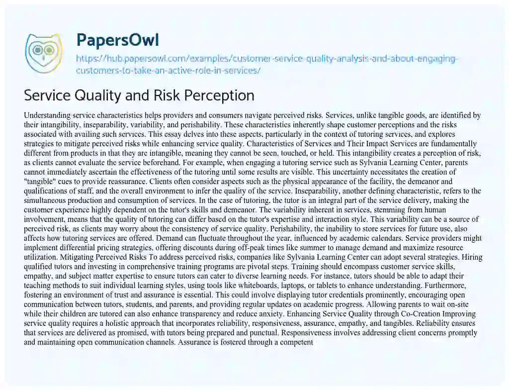 Essay on Service Quality and Risk Perception