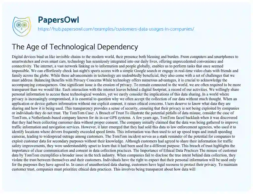 Essay on The Age of Technological Dependency