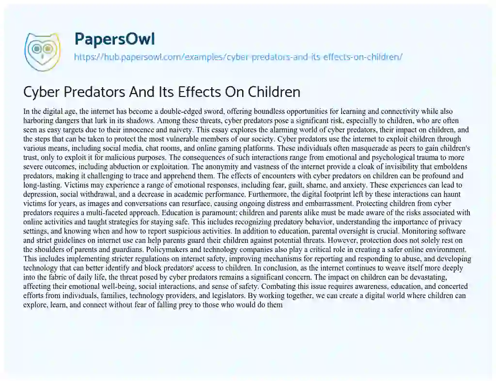 Essay on Cyber Predators And Its Effects On Children