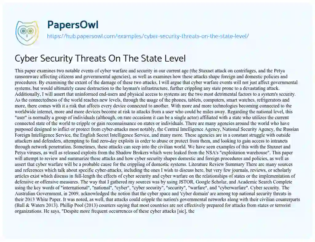 Essay on Cyber Security Threats On The State Level