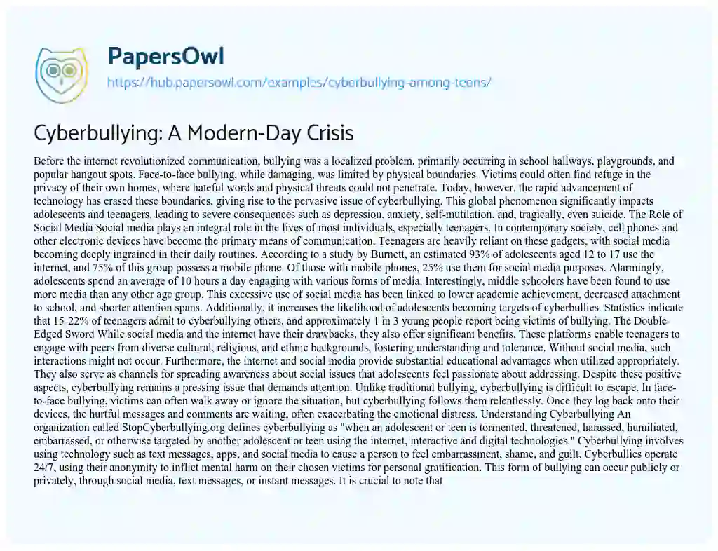 Essay on Cyberbullying: A Modern-Day Crisis