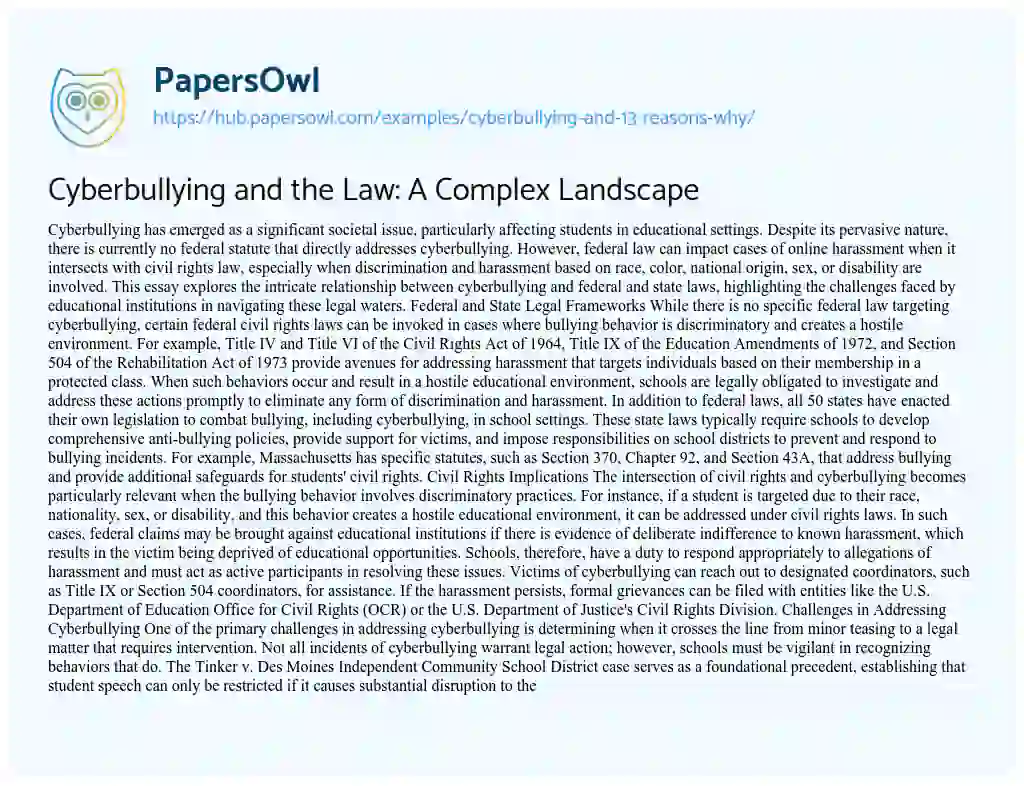 Essay on Cyberbullying and the Law: A Complex Landscape