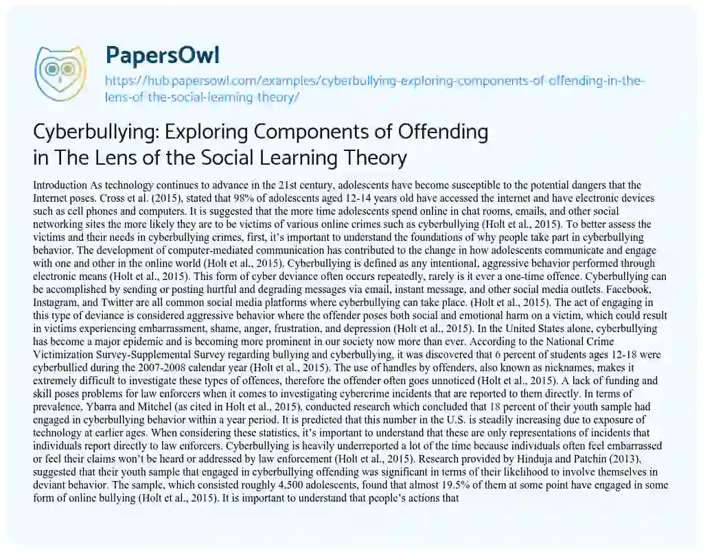 Essay on Cyberbullying: Exploring Components of Offending in The Lens of the Social Learning Theory
