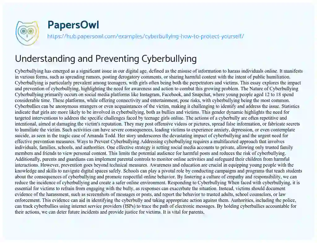 Essay on Understanding and Preventing Cyberbullying