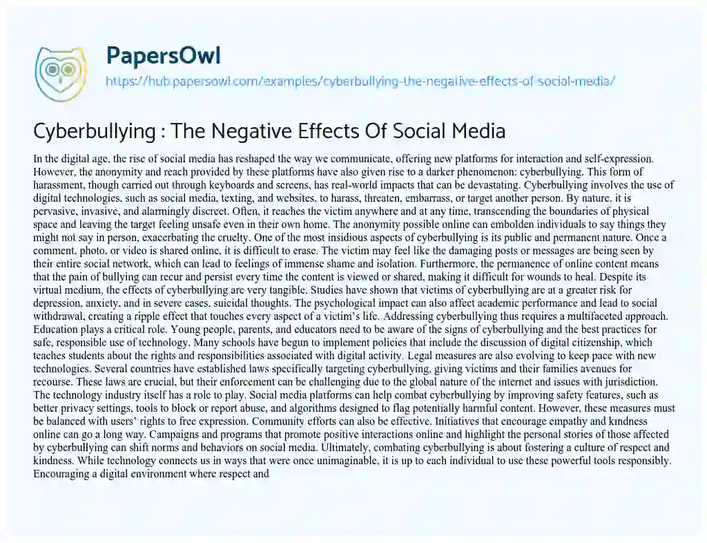 Essay on Cyberbullying : The Negative Effects Of Social Media