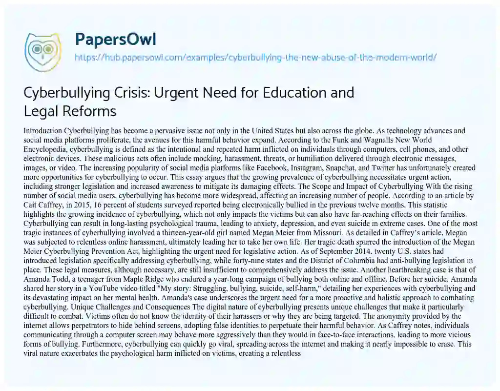 Essay on Cyberbullying Crisis: Urgent Need for Education and Legal Reforms