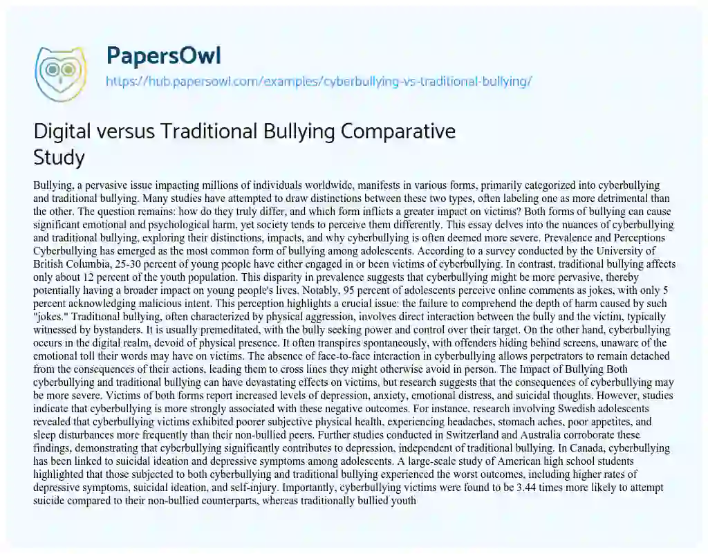 Essay on Digital versus Traditional Bullying Comparative Study