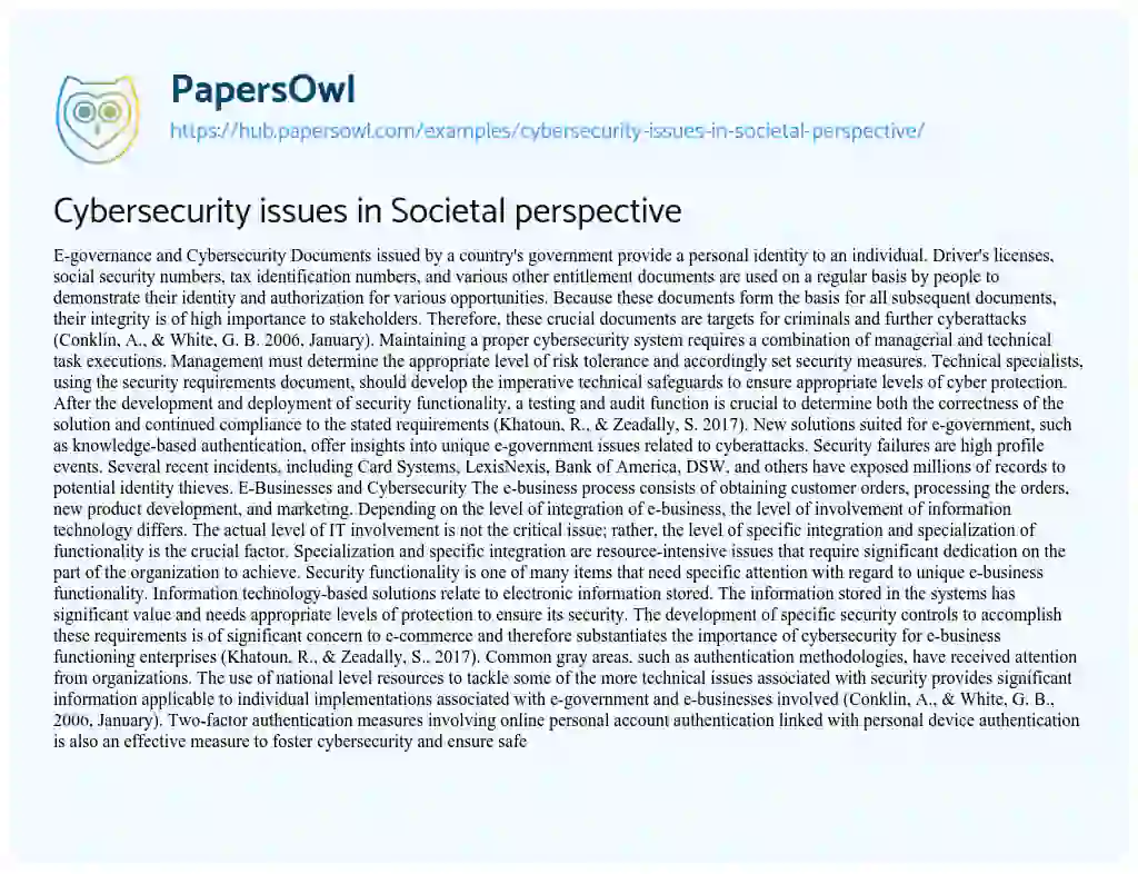 Essay on Cybersecurity issues in Societal perspective