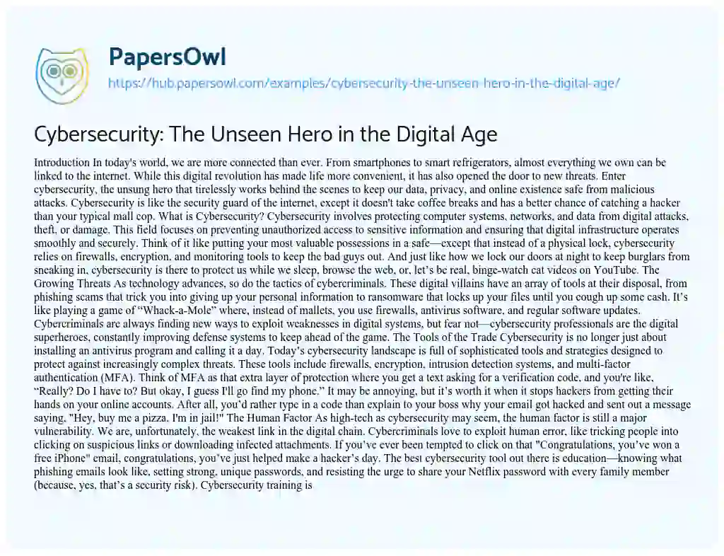 Essay on Cybersecurity: The Unseen Hero in the Digital Age