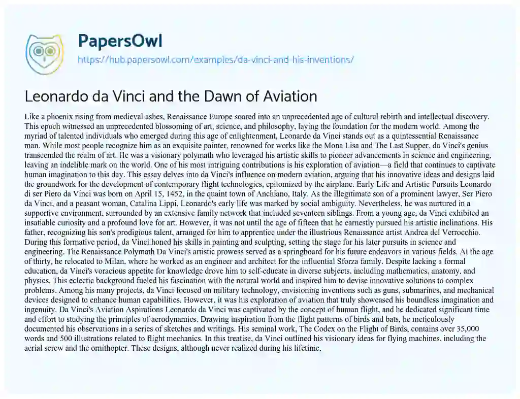 Essay on Leonardo da Vinci and the Dawn of Aviation