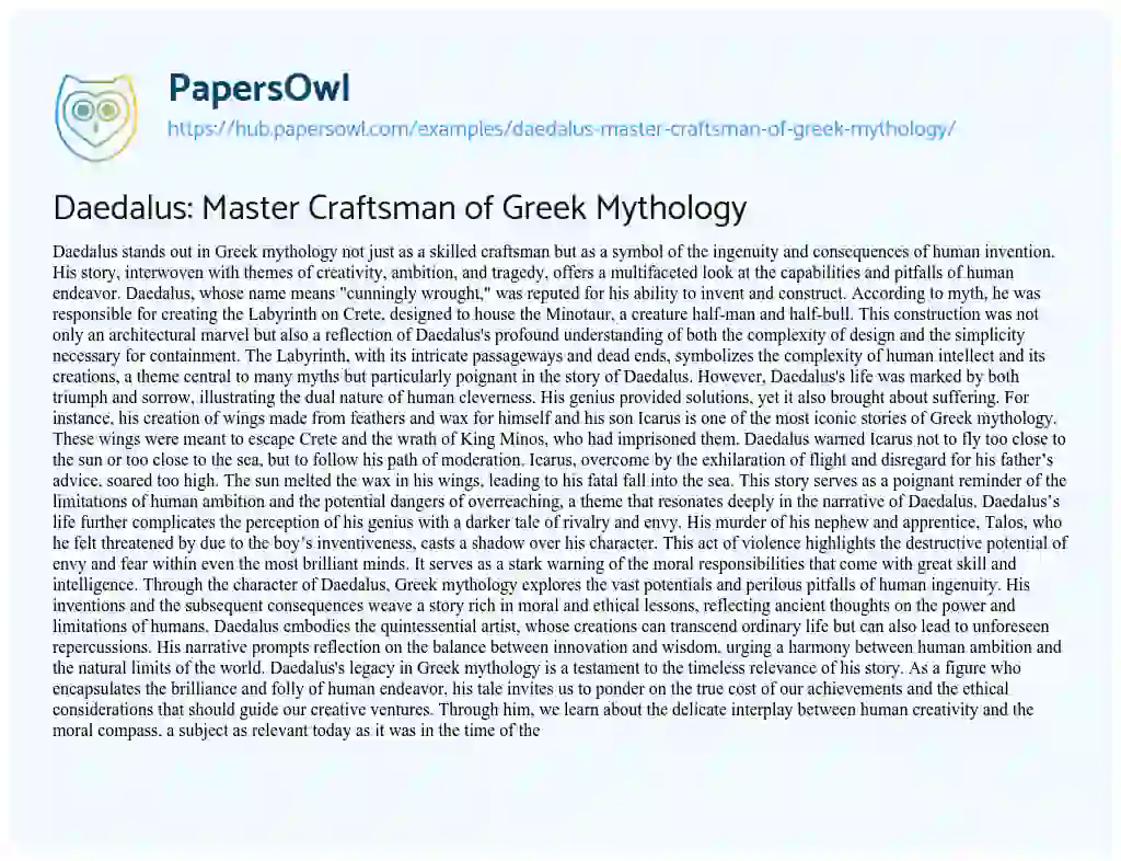 Essay on Daedalus: Master Craftsman of Greek Mythology