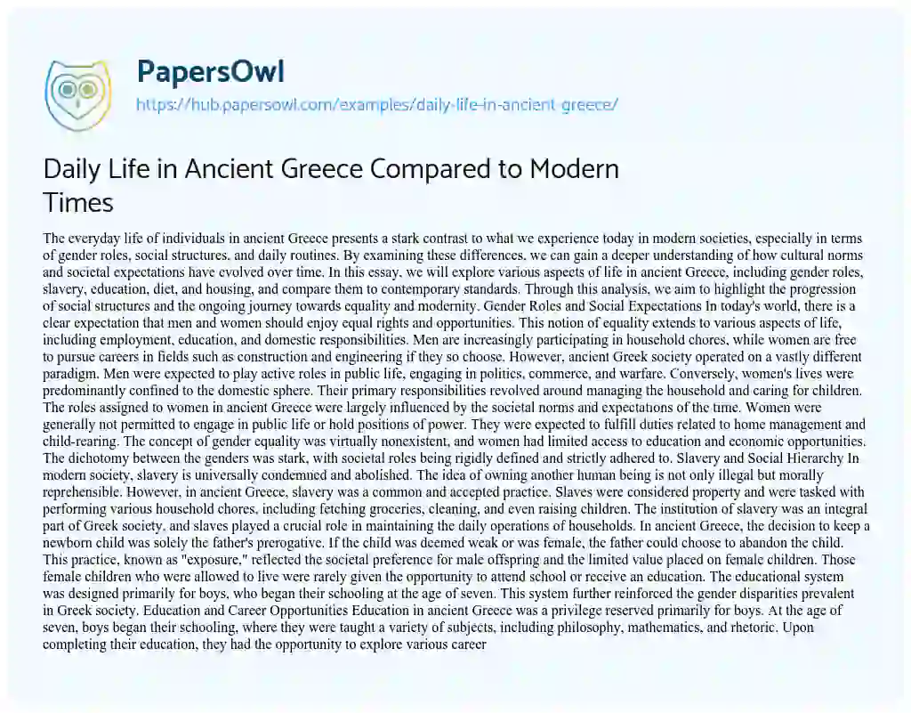 Essay on Daily Life in Ancient Greece Compared to Modern Times