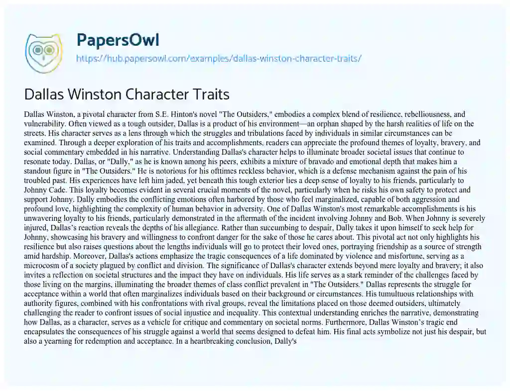Essay on Dallas Winston Character Traits