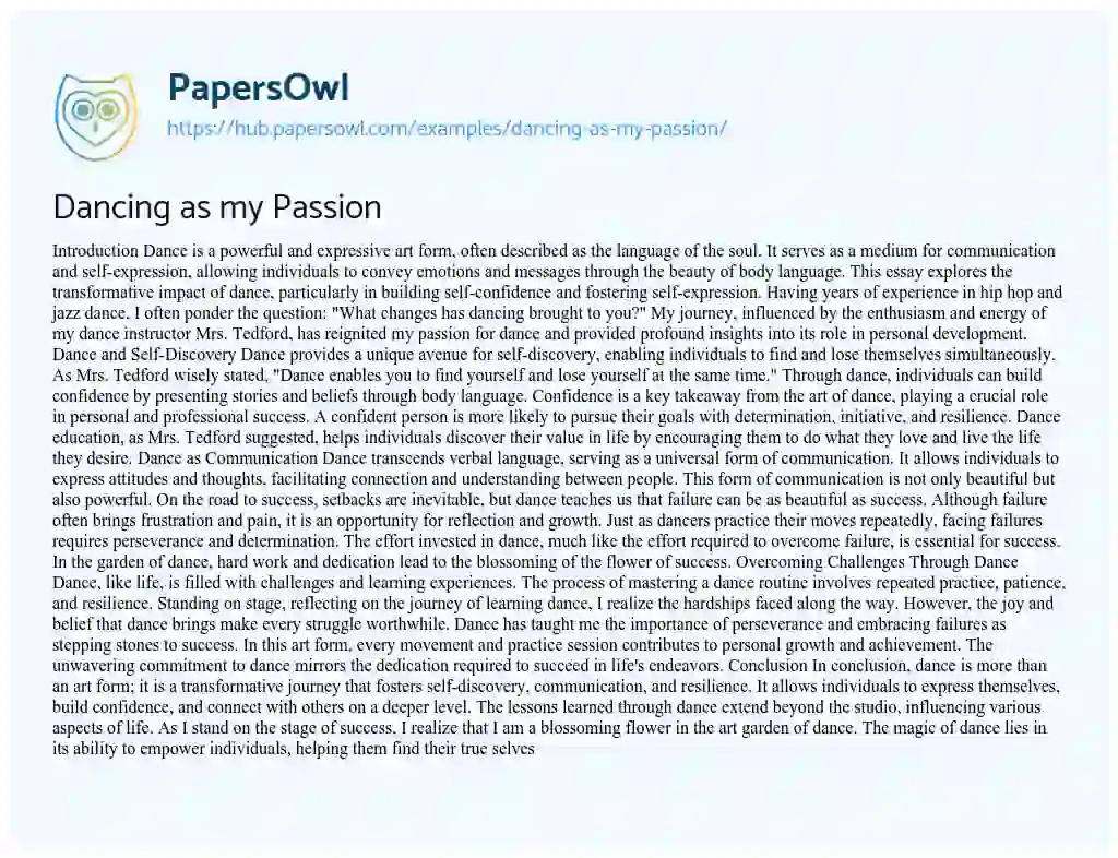 Essay on Dancing as my Passion