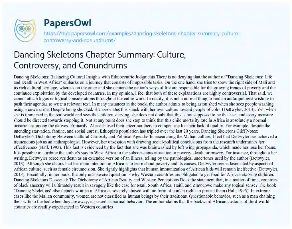 Essay on Dancing Skeletons Chapter Summary: Culture, Controversy, and Conundrums