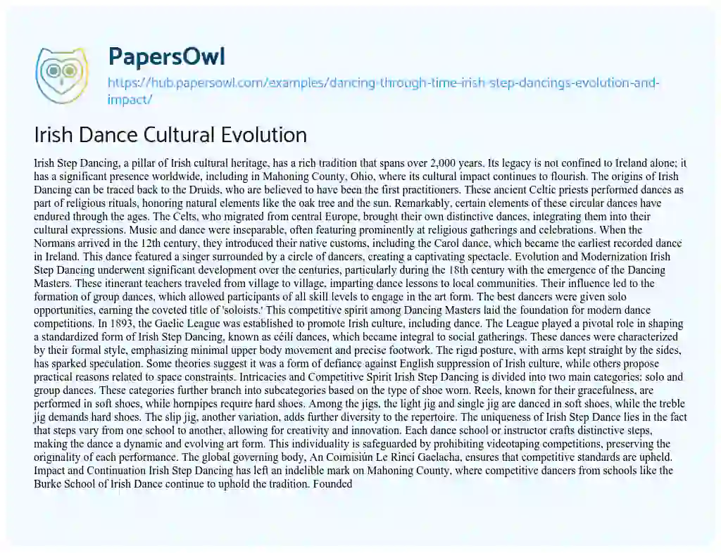 Essay on Irish Dance Cultural Evolution