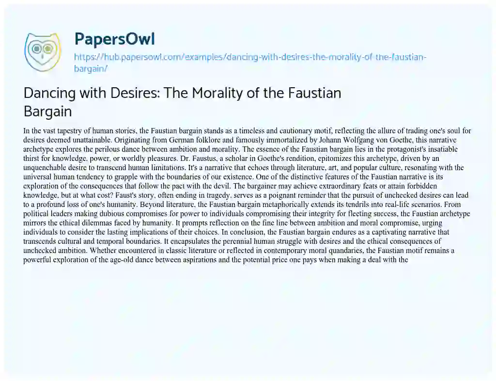 Essay on Dancing with Desires: The Morality of the Faustian Bargain
