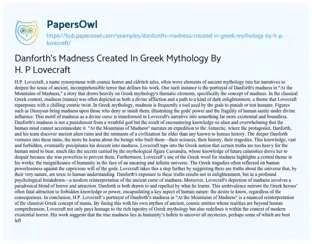 Essay on Danforth’s Madness Created In Greek Mythology By H. P Lovecraft